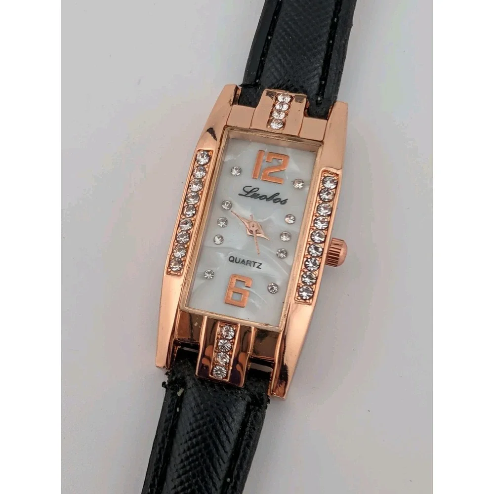Luobos Watch Women 19mm Case Pearlized Dial Black Faux Leather Band- New Battery